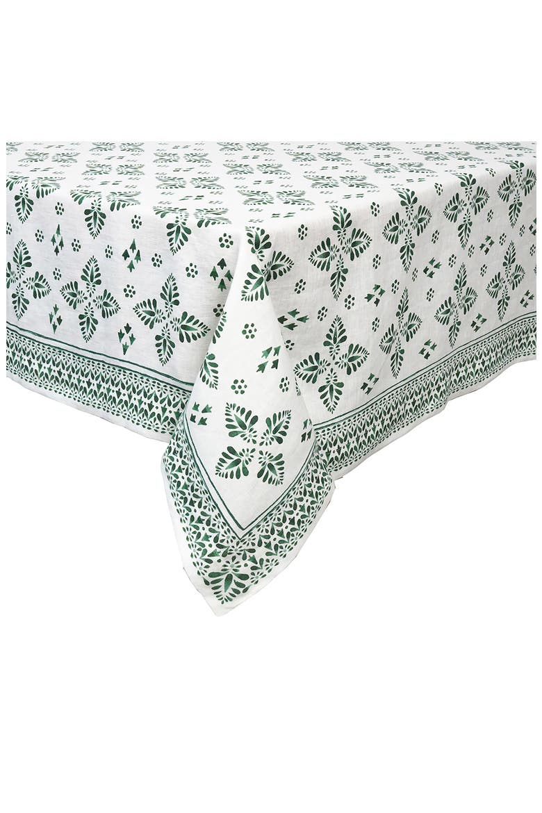 Iberian Border Linen Tablecloth, Alternate, color, EVERGREEN