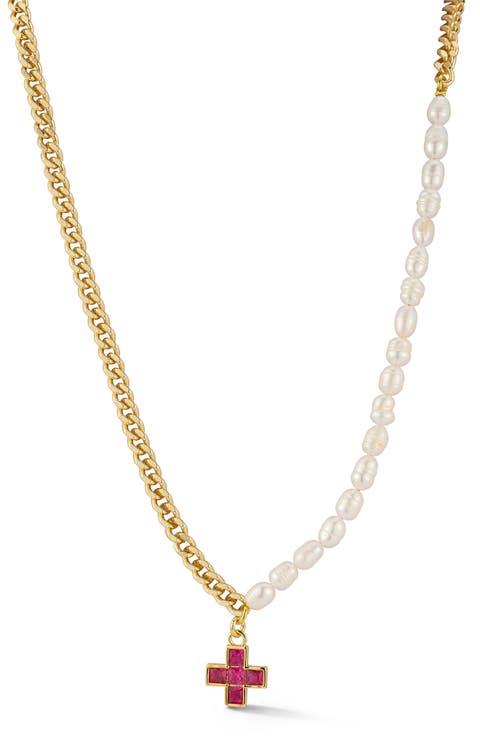 5.5mm Cultured Freshwater Pearl & Curb Chain CZ Cross Pendant Necklace