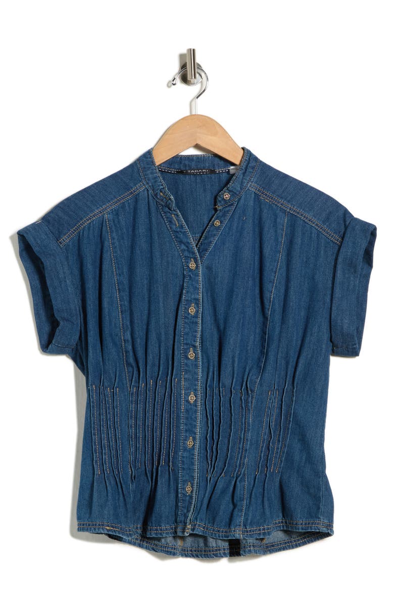 T Tahari Pintucked Short Sleeve Denim Button-Up Shirt, Main, color, Medium Wash