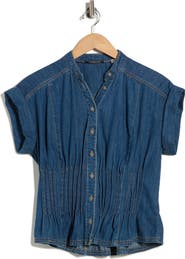 T Tahari Pintucked Short Sleeve Denim Button-Up Shirt