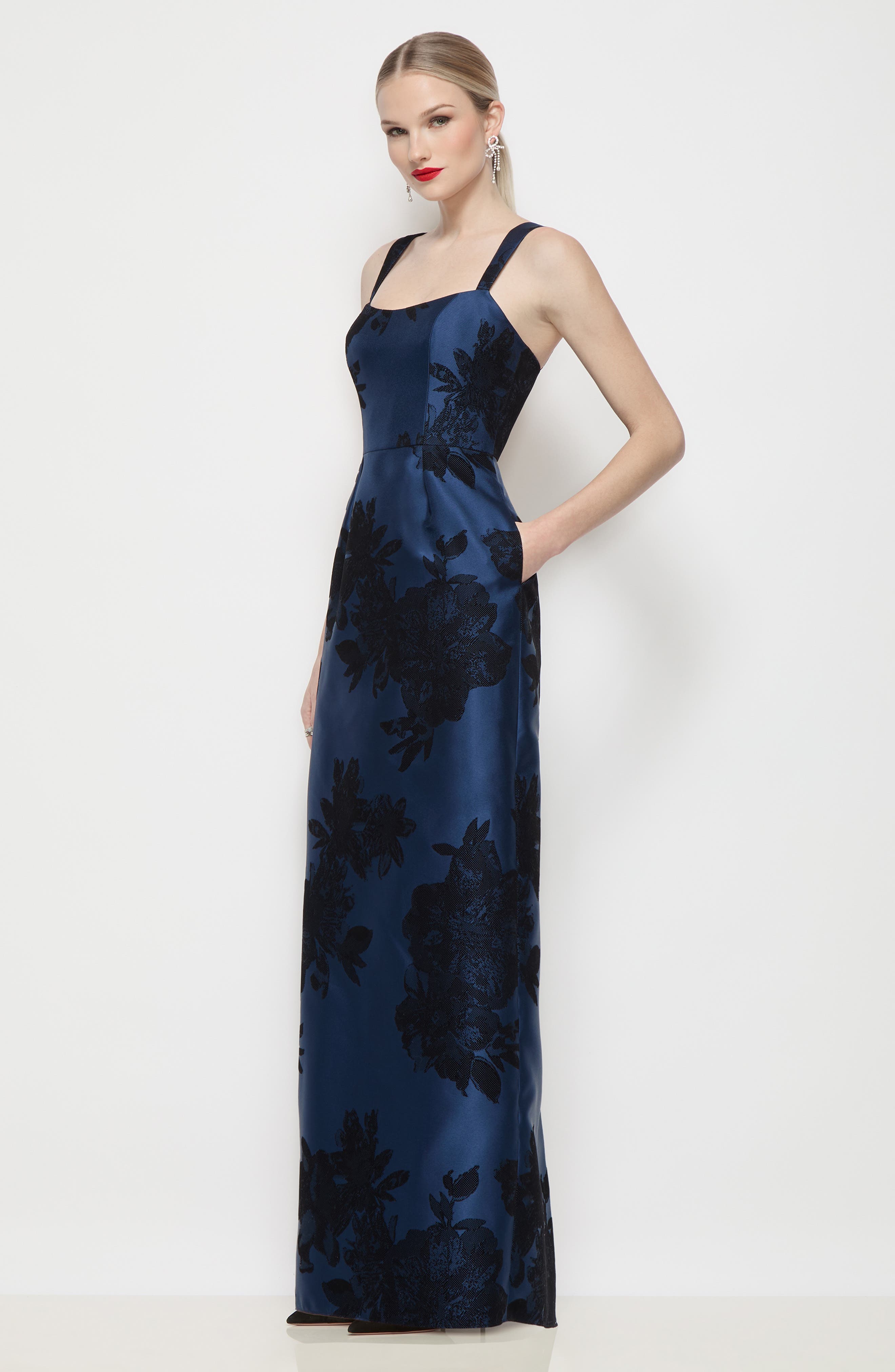 Alfred Sung Linden Floral Lace Matte Satin Gown (Women) | Nordstrom