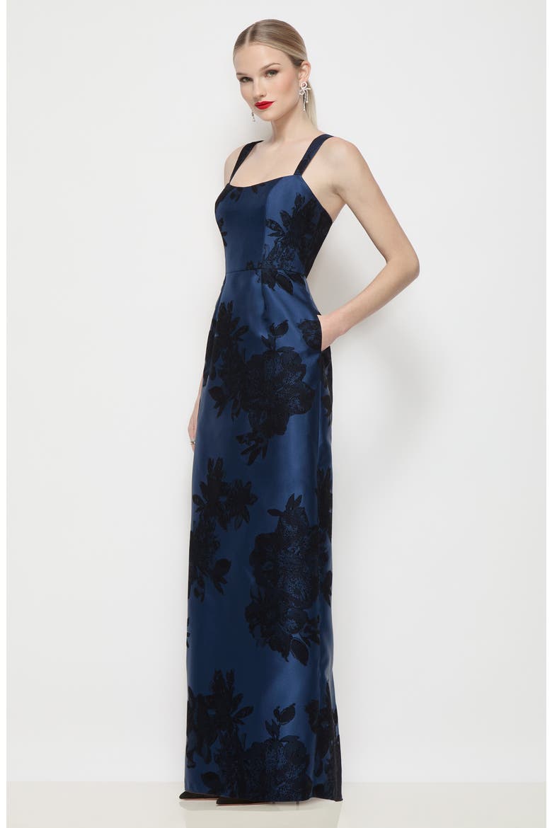 Linden Floral Lace Matte Satin Gown, Alternate, color, SOFT NAVY/ BLACK