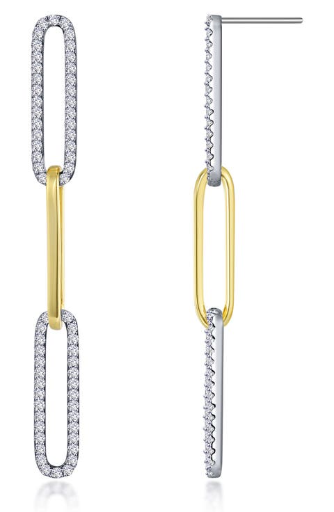 Two-Tone Pavé Simulated Diamond Paper Clip Link Drop Earrings