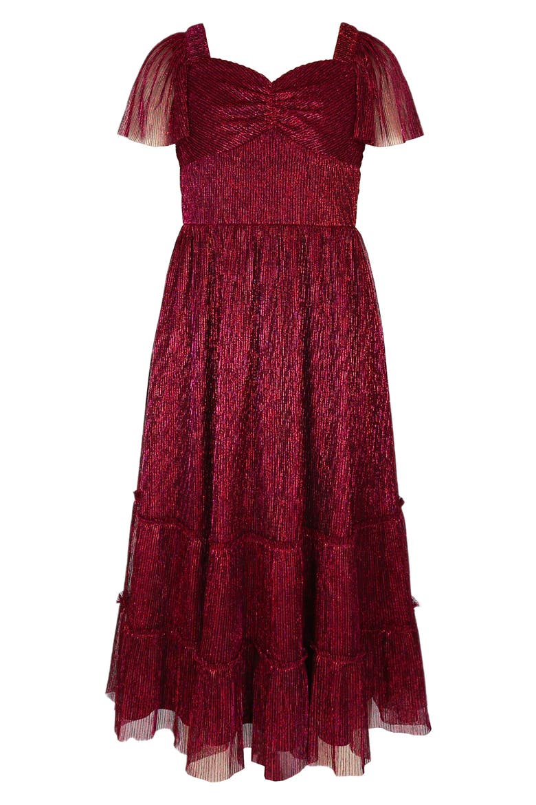 Kids' Metallic Tiered Plissé Maxi Party Dress, Main, color, BLK/FUS