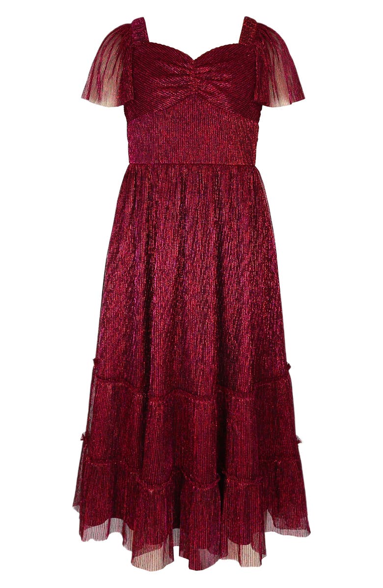 Zunie Kids' Metallic Tiered Plissé Maxi Party Dress, Main, color, Black/Pink