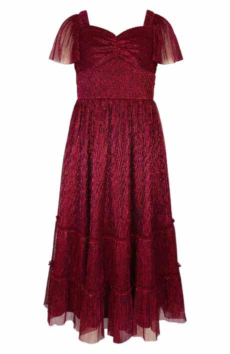 Kids' Metallic Tiered Plissé Maxi Party Dress