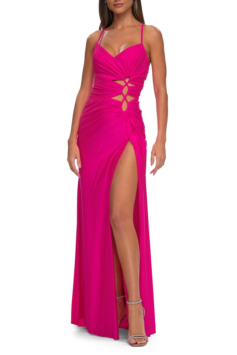 Jersey Long Prom Dress with Trendy Waist Cutouts in Neon, Alternate, color, Neon Pink