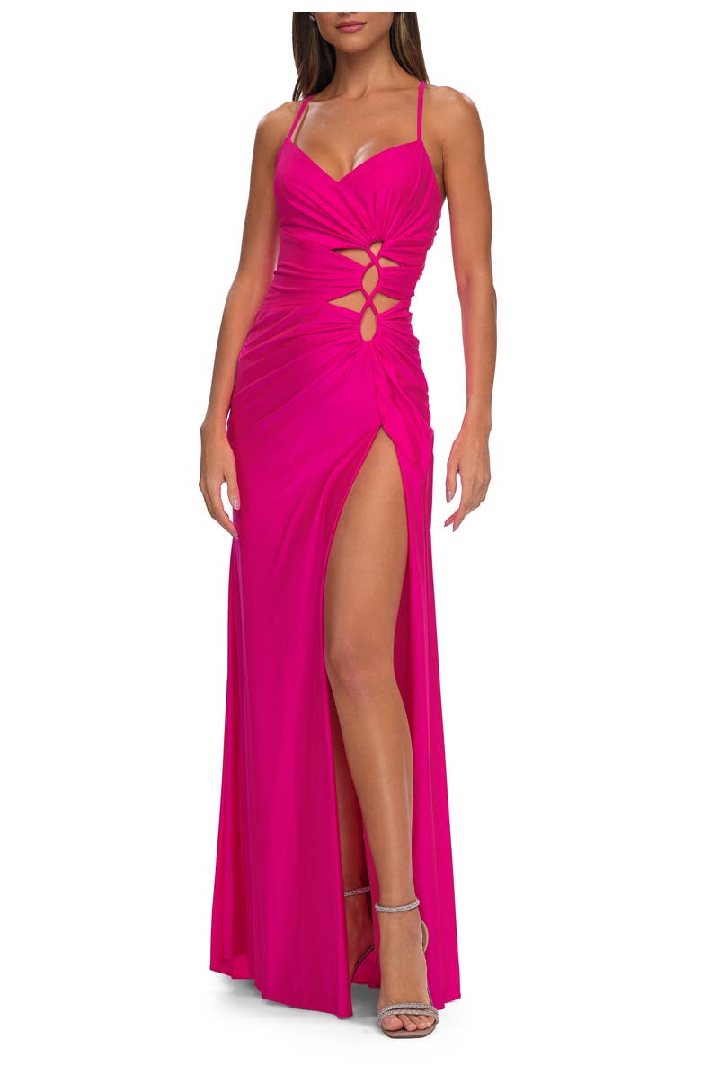 La Femme Jersey Long Prom Dress with Trendy Waist Cutouts in Neon, Alternate, color, Neon Pink
