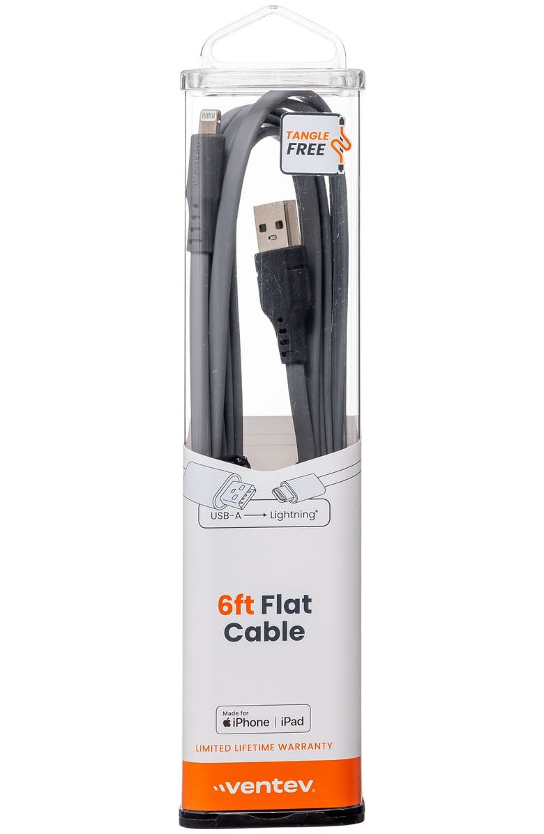 Ventev Flat USB-A to Apple Lightning High Speed Tangle-Free 6 Foot Cable, Alternate, color, Gray