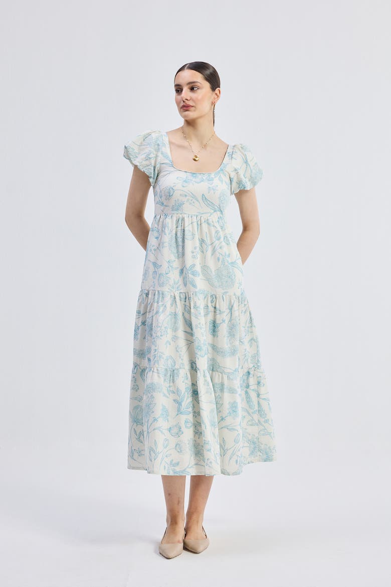 Puff Sleeve Tiered Maxi Dress in Blue Florals, Alternate, color, Floral Melody