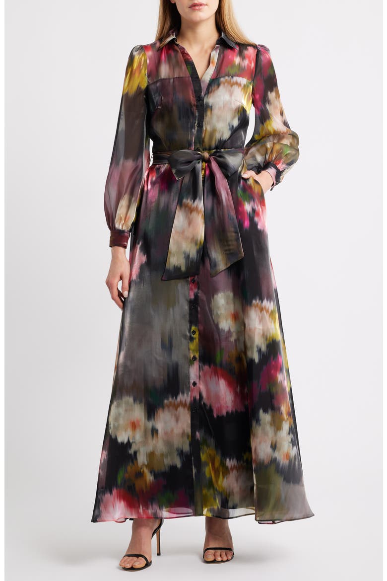 Abstract Floral Long Sleeve Organza Gown, Main, color, BLACK MULTI