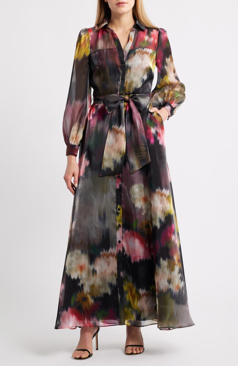 Julia Jordan Abstract Floral Long Sleeve Organza Gown, Main, color, Black Multi