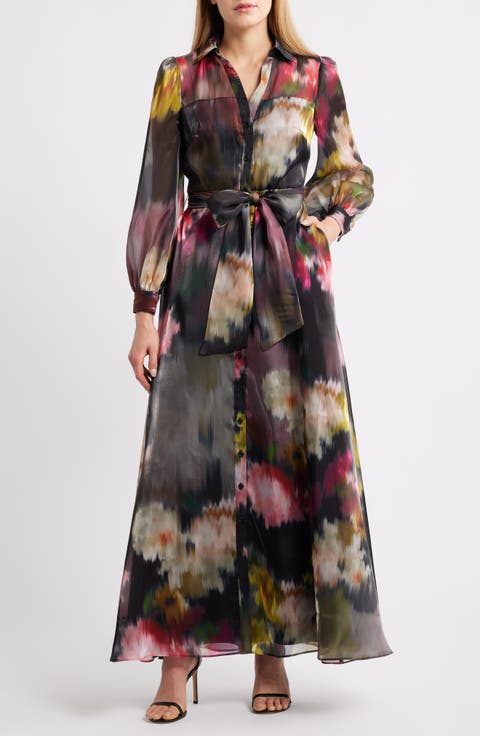 Abstract Floral Long Sleeve Organza Gown