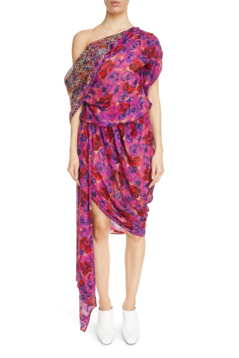 Devora Mixed Floral Print Asymmetric Minidress, Main, color, FUCHSIA 304