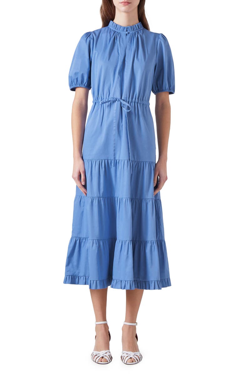 LK Bennett Hedy Tiered Cotton Midi Dress, Main, color, Light Blue