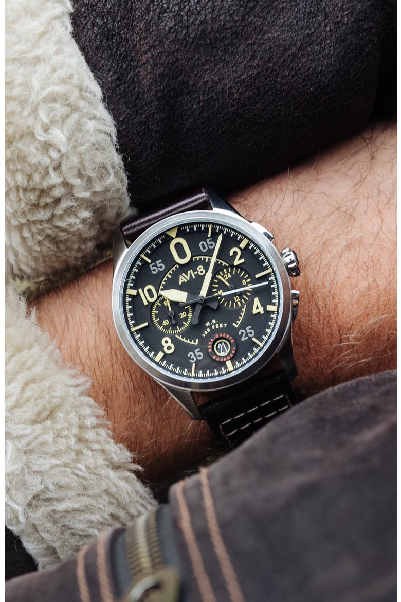 Spitfire Lock Midnight Oak Dial Chronograph Leather Strap Watch, 42mm, Alternate, color, BLACK