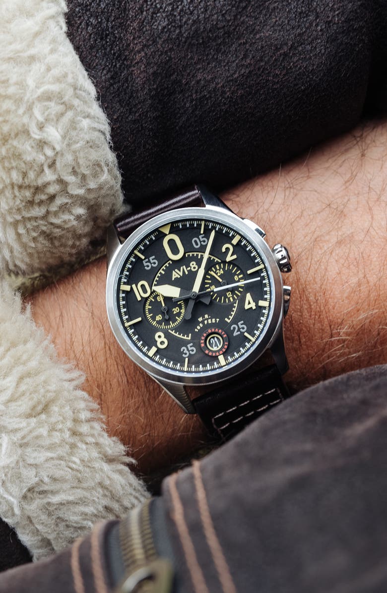 AVI-8 Spitfire Lock Midnight Oak Dial Chronograph Leather Strap Watch, 42mm, Alternate, color, Black