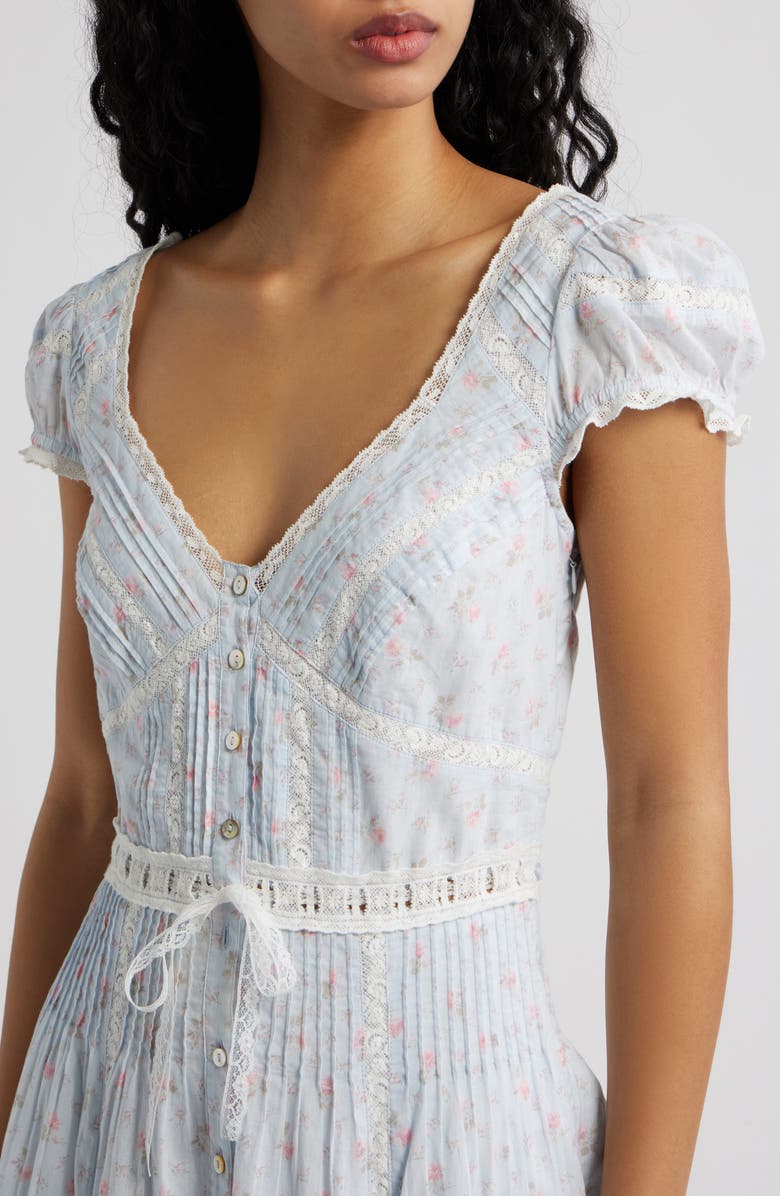 LoveShackFancy Aurela Lace Trim Pintuck Tiered Maxi Dress, Alternate, color, Chapparal Blue