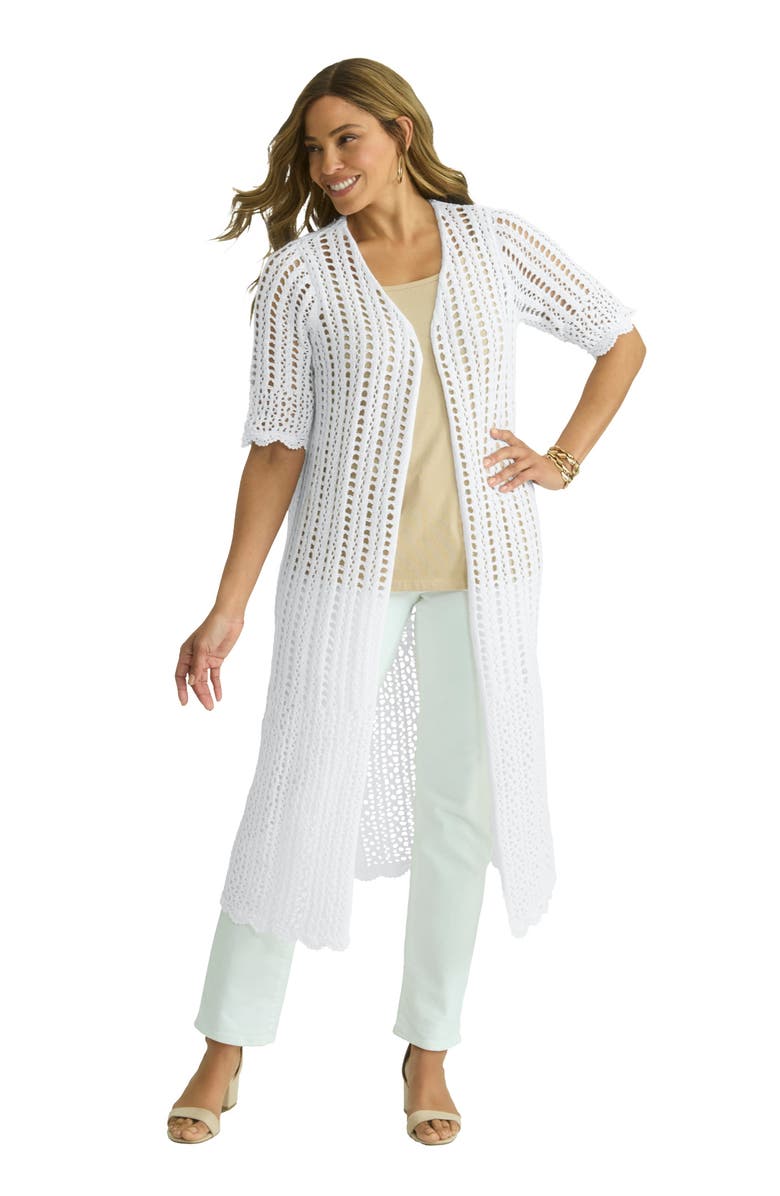 Jessica London Scalloped Crochet Sweater Duster, Main, color, White