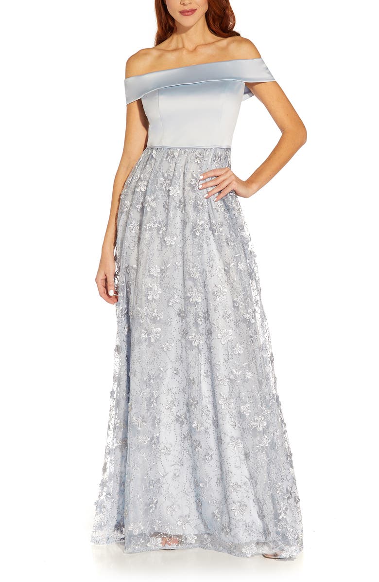 Adrianna Papell Embroidered Floral Off the Shoulder Gown, Main, color, 