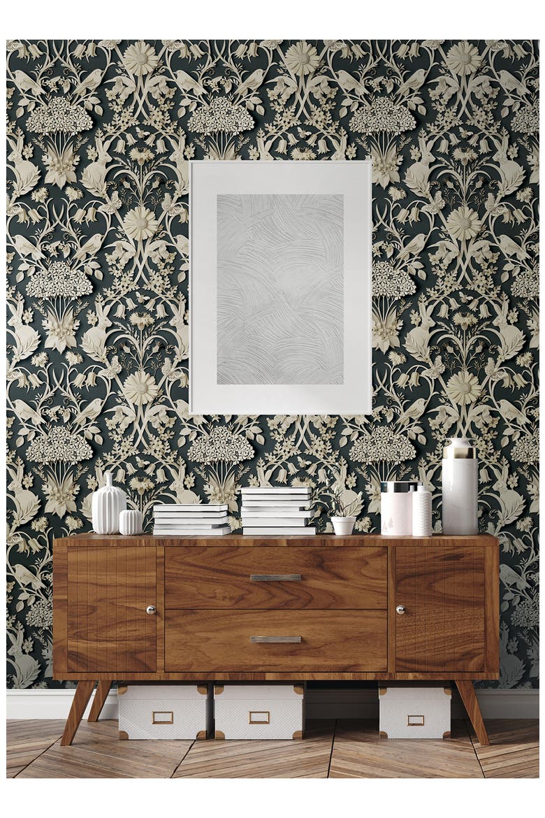 Eloise Floral Wallpaper, Alternate, color, BLACK