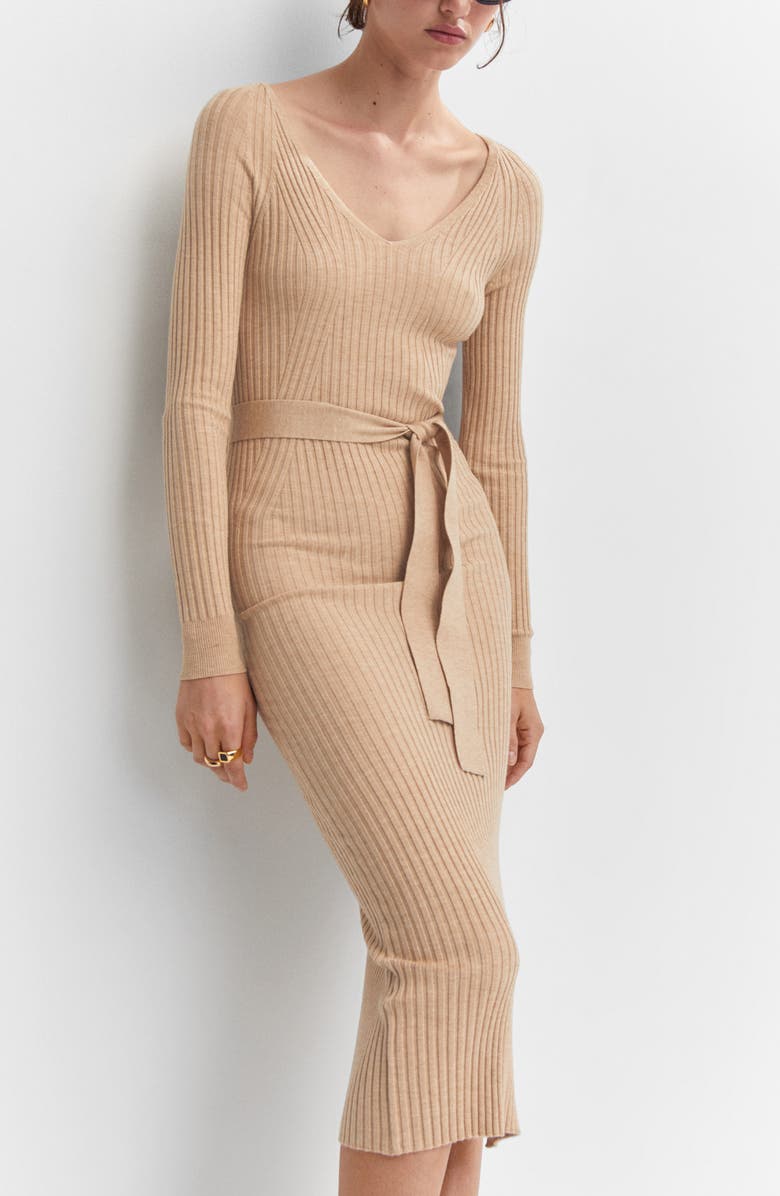 MANGO Long Sleeve Tie Belt Midi Sweater Dress, Alternate, color, 