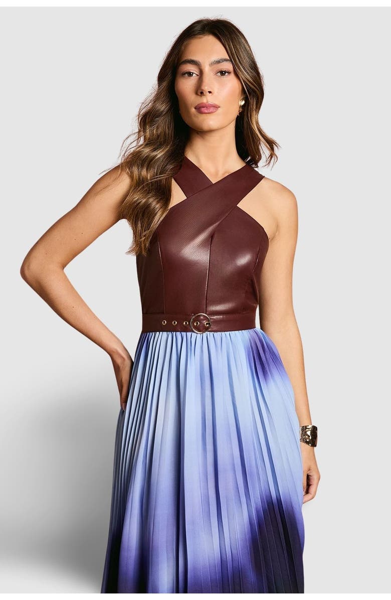 Coast PU Cross Neck Belted Midi Dress, Alternate, color, Burgundy
