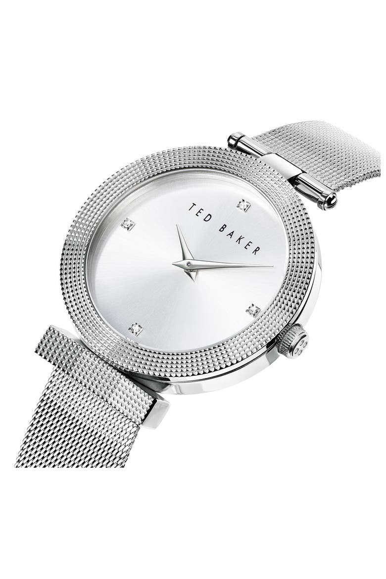 London Bow Mesh Strap Watch, 36mm, Alternate, color, SILVER