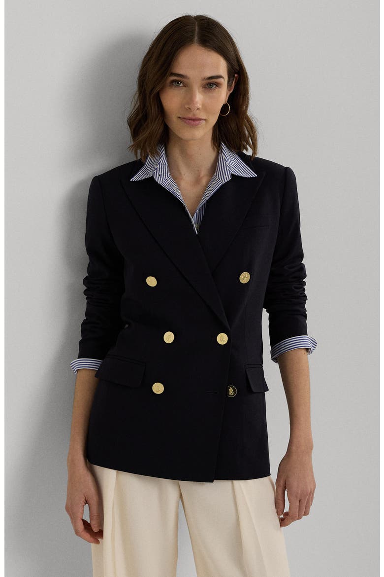 Double Breasted Stretch Wool Crepe Blazer, Alternate, color, LAUREN NAV
