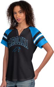 STARTER Women's Starter  Black Carolina Panthers Game On Notch Neck Raglan T-Shirt