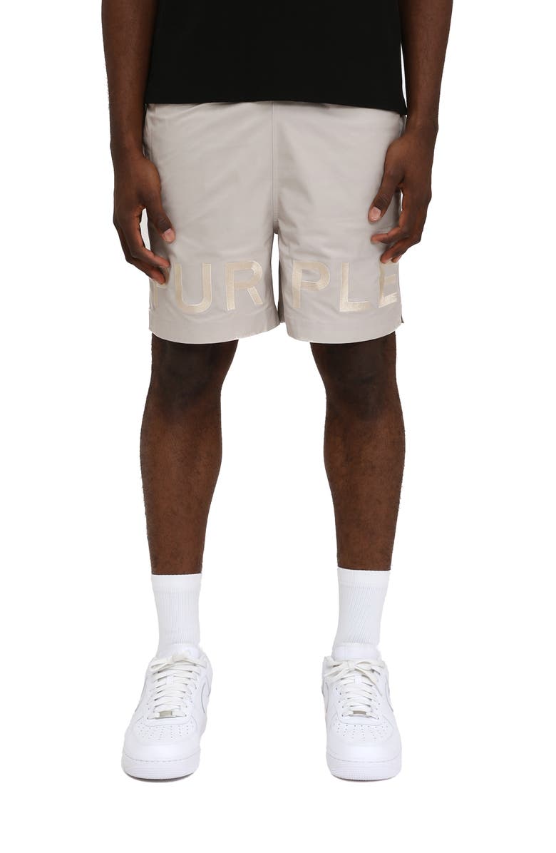PURPLE BRAND Wordmark Water Repellent All Around Performance Shorts, Main, color,