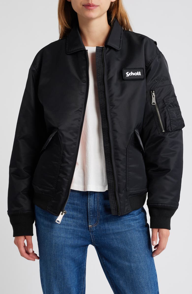 Schott NYC Satin Flight Jacket, Alternate, color, Black