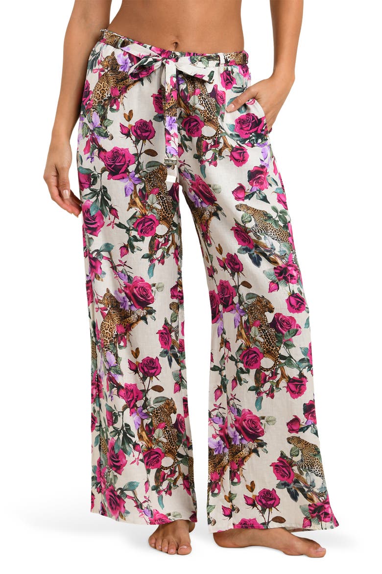 Geraldine Rose Leopard Linen Cover-Up Pants, Main, color, WHITE MULTI