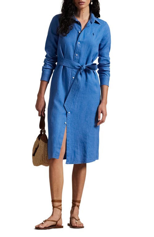 Polo Ralph Lauren Belted Long Sleeve Linen Shirtdress In Retreat Blue