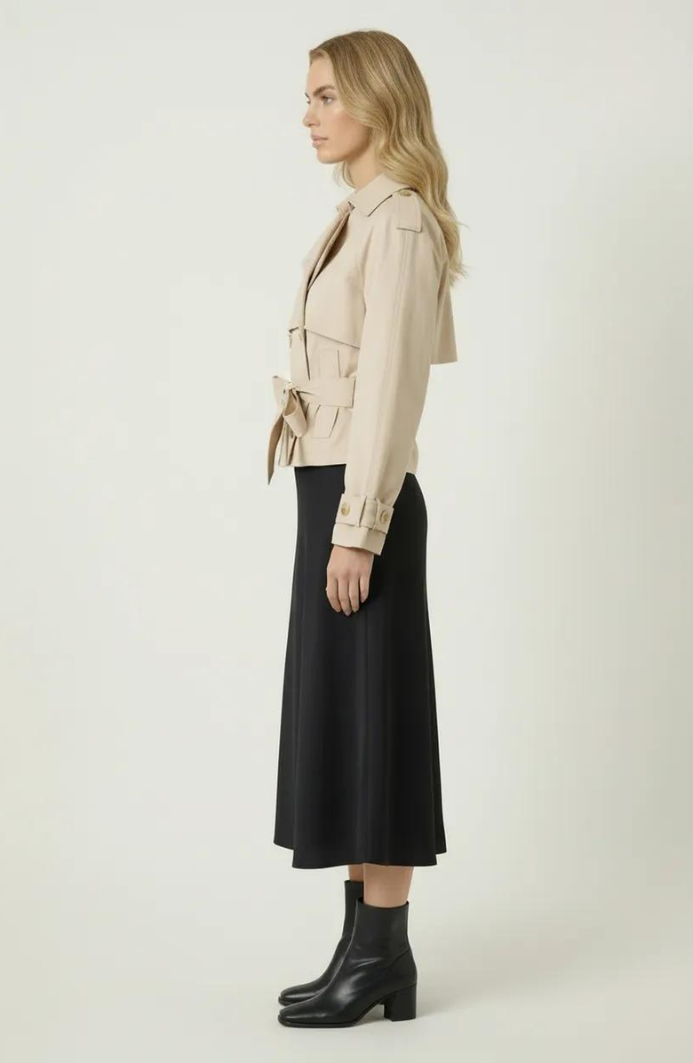 Modenaire Cropped Double-Breasted Trench Jacket with Waist Tie, Alternate, color, 