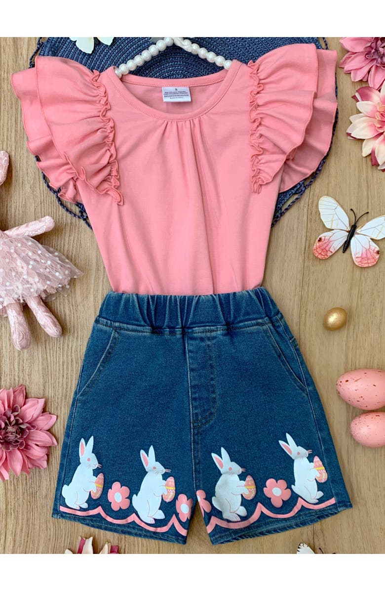 Mia Belle Girls Girls Bunny Business Denim Shorts Set, Alternate, color, Pink