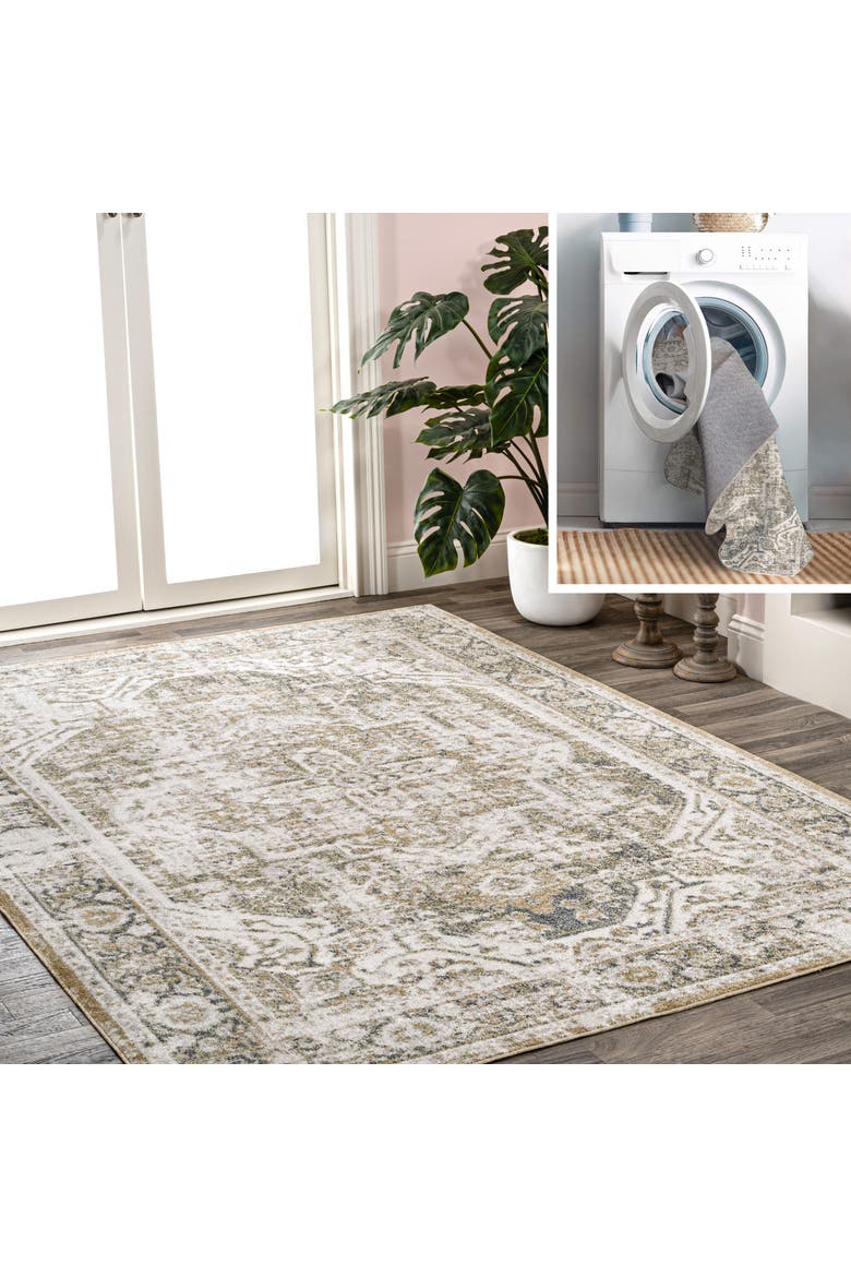Keesha Bold Distressed Medallion Low-Pile Machine-Washable Area Rug, Main, color, Green/Cream