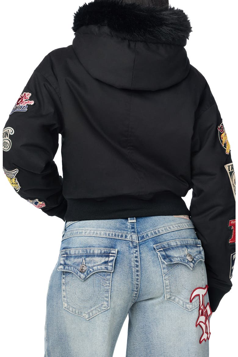 Faux Fur Trim Embroidered Hooded Jacket, Alternate, color, JET BLACK