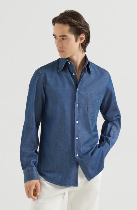 Lightweight denim shirt with Italian collar and chest pocket