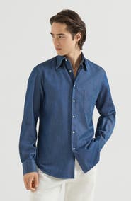 Brunello Cucinelli Lightweight denim shirt with Italian collar and chest pocket