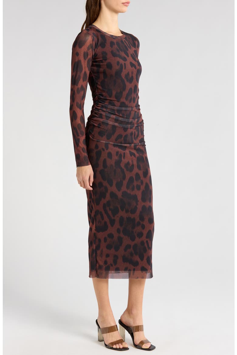 Ruched Long Sleeve Mesh Midi Dress, Alternate, color, TAN BOLD ANIMAL