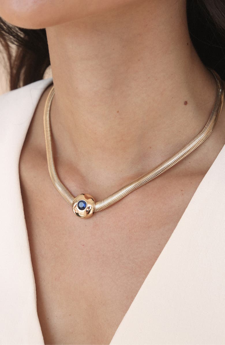 Ettika Crystal Disc Pendant Herringbone Chain Necklace, Alternate, color, Sapphire