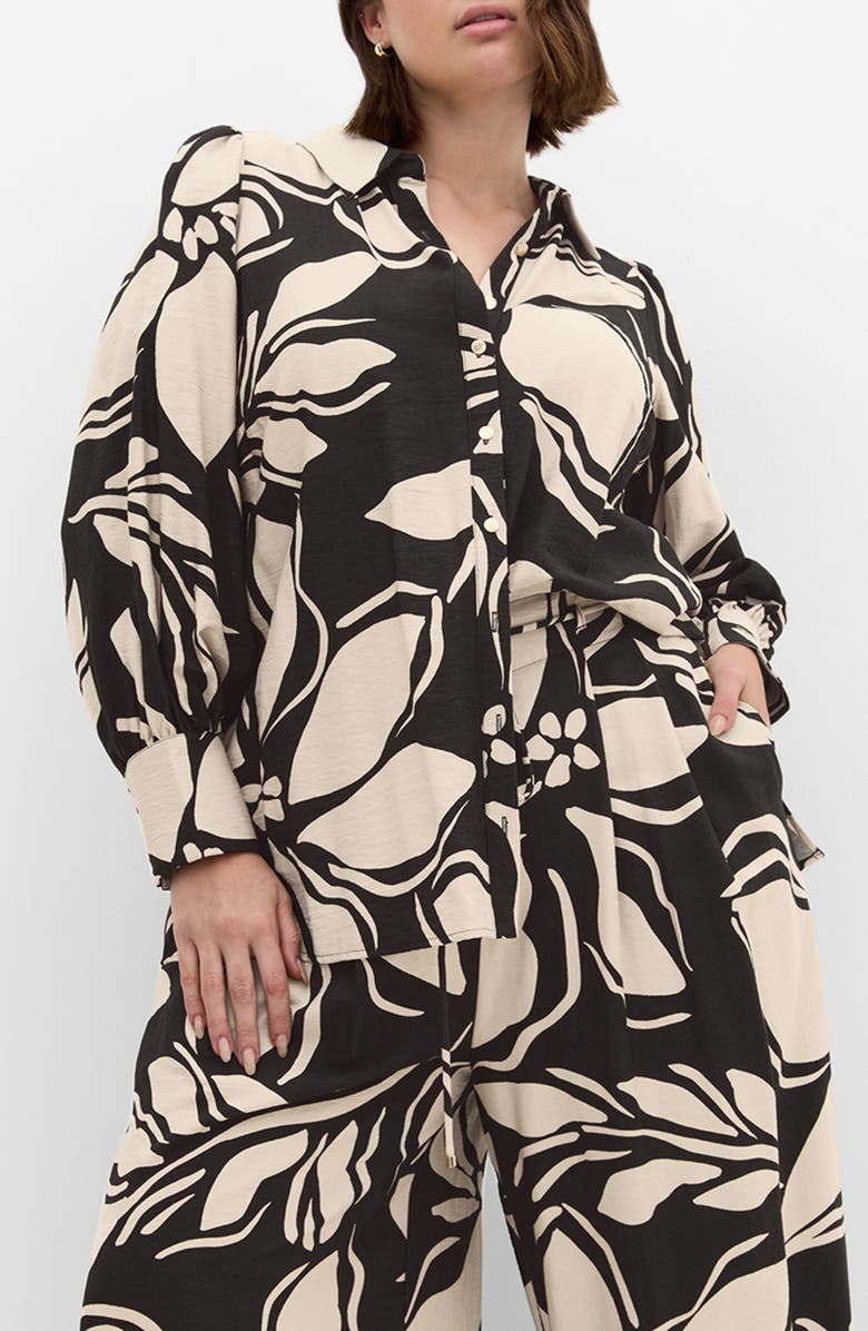 City Chic Rosabella Floral Button-Up Shirt, Main, color, Mono Print