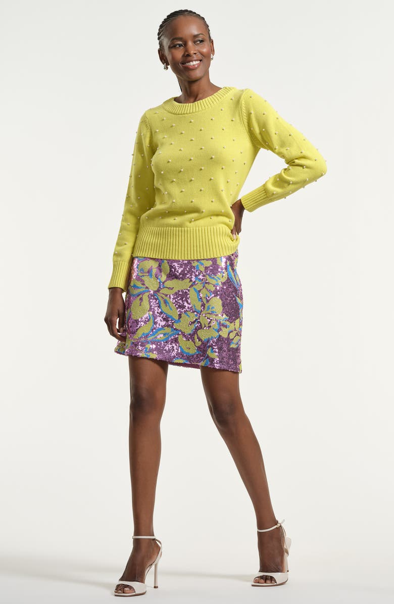 Isaac Mizrahi New York Faux Pearl Accent Cotton Crewneck Sweater, Alternate, color, Lime