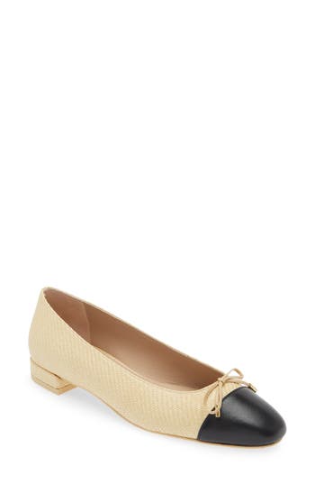 Stuart Weitzman Sleek Bow Ballet Flats Yellow Raffia And Leather In Wheat/black