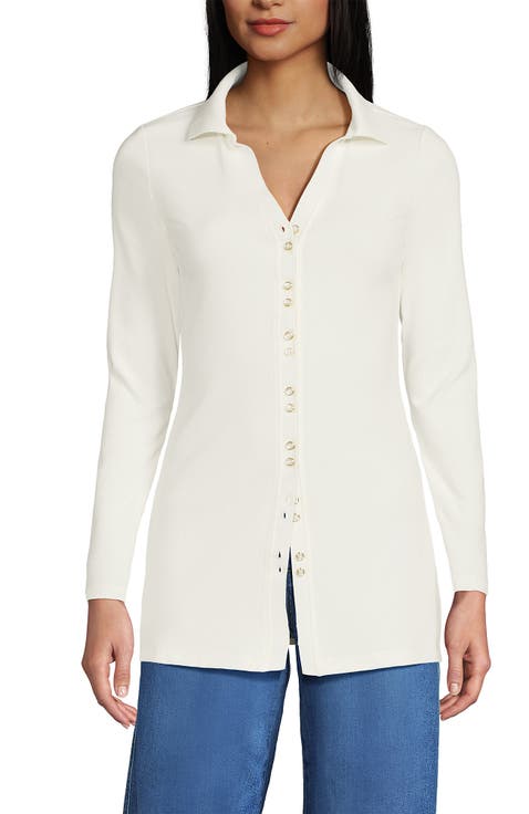 Long Sleeve Polished Rib Button Through Tunic Shirt