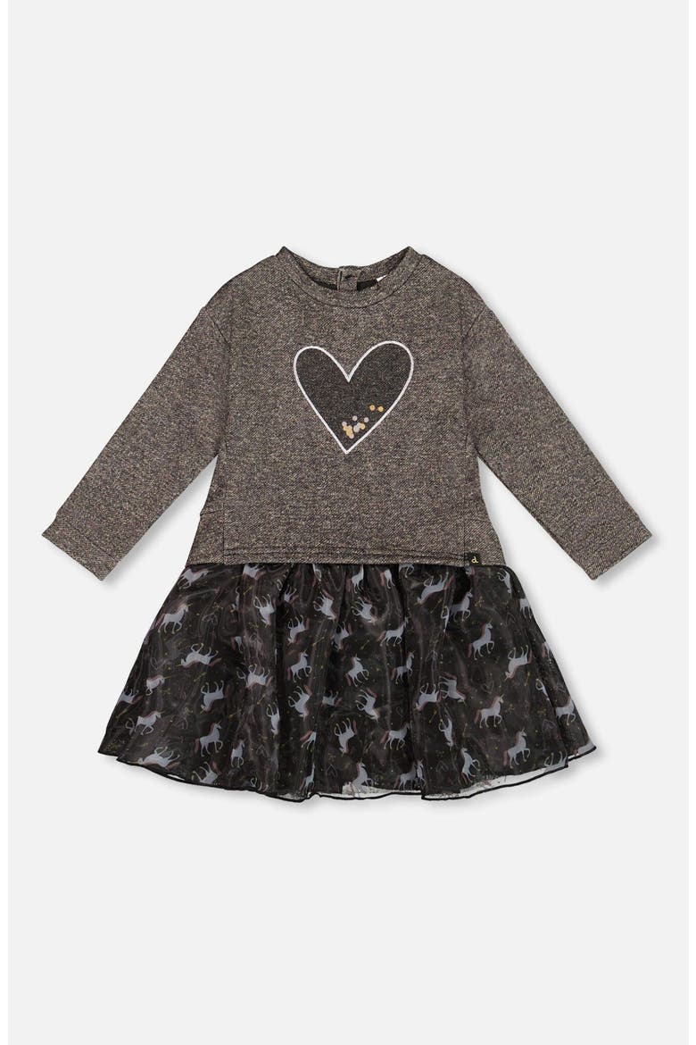 Bi-Material Dress with Mesh Skirt and Heart, Main, color, Black