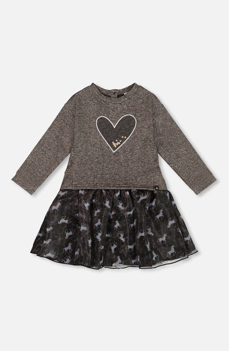 Deux par Deux Bi-Material Dress with Mesh Skirt and Heart, Main, color, Black