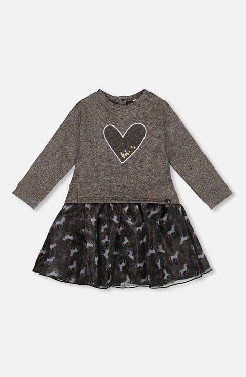Bi-Material Dress with Mesh Skirt and Heart (Toddler & Little Kid)