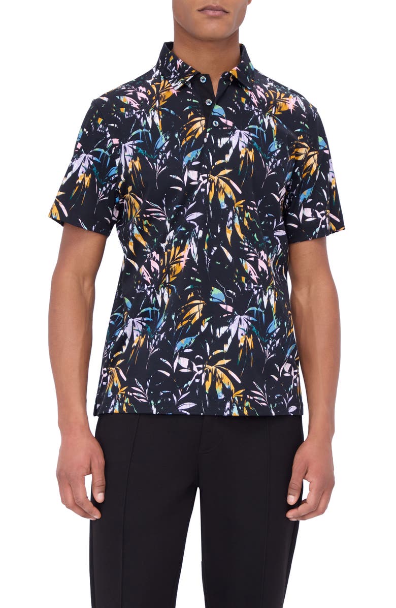 Bugatchi Hendrix Digital Leaf Print Pima Cotton Polo, Main, color, Black